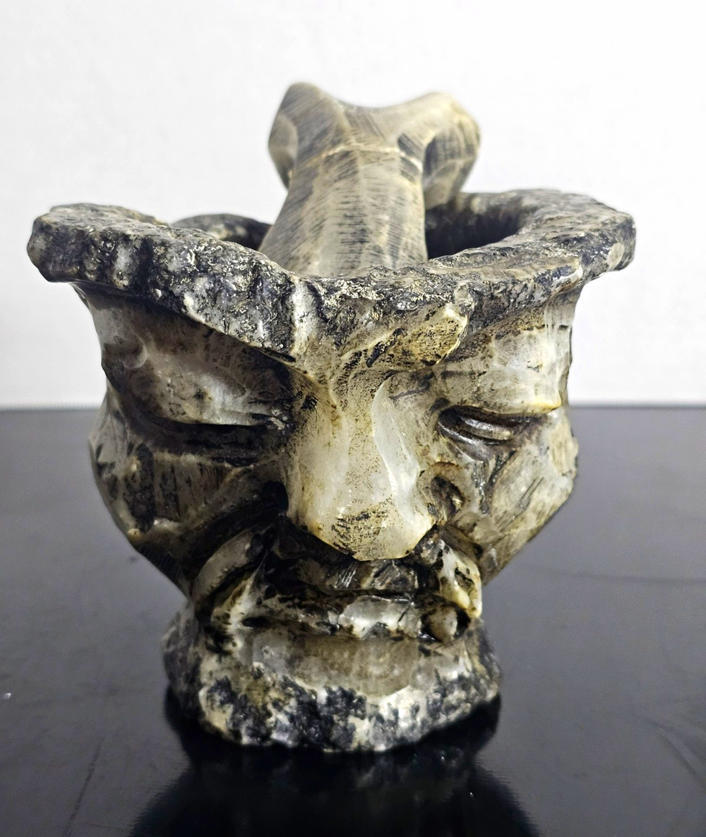 Hand Carved Mortar & Pestle Face Pattern and bone, Gray/Black alabaster stone